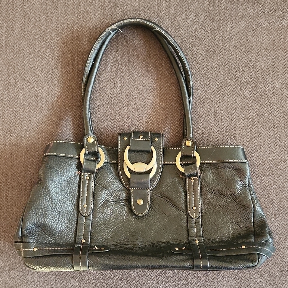 Apt. 9 Black leather shoulder bag w/ gold buckles and magnetic clasp closure OS